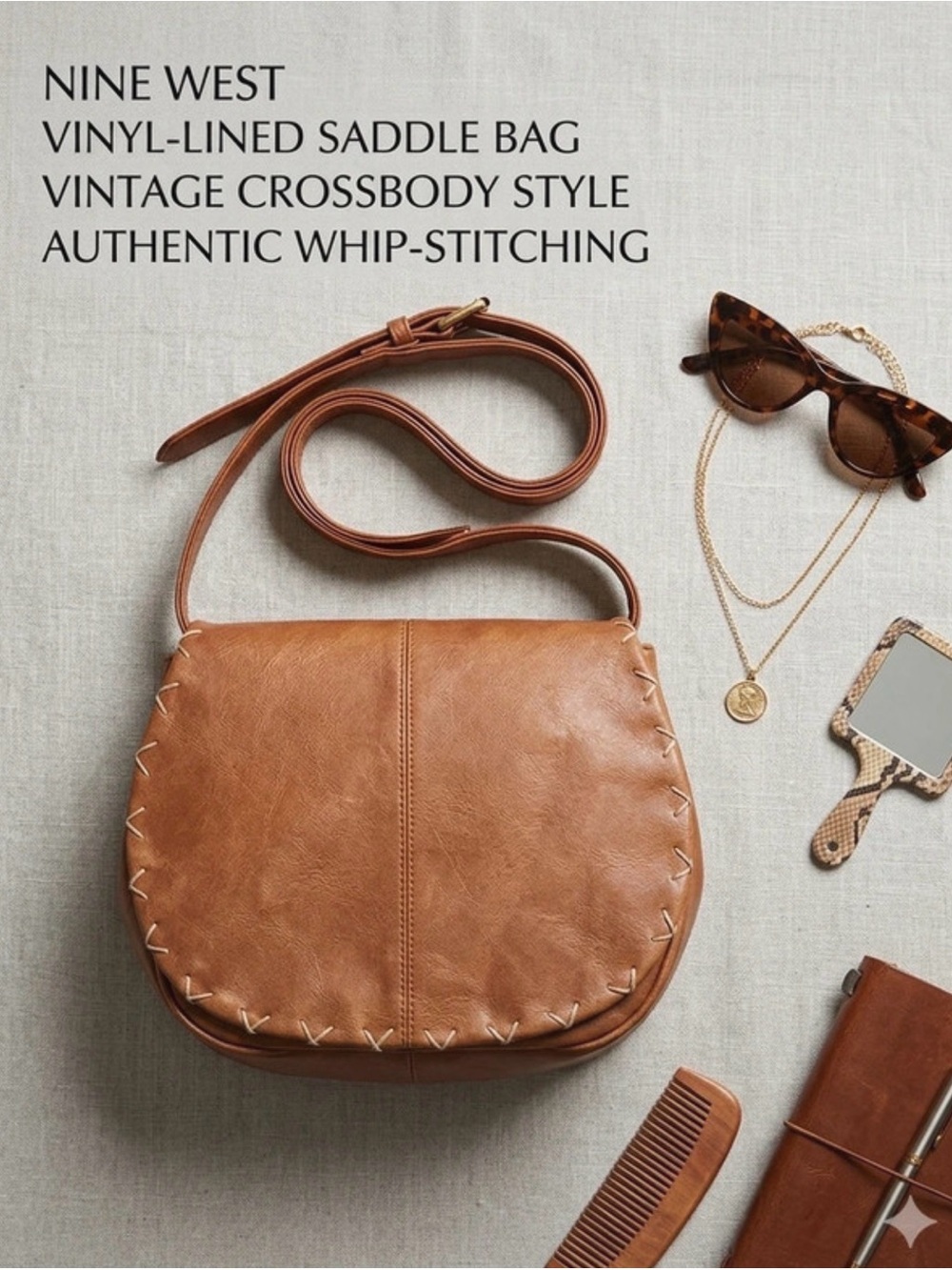 Nine West Tan Whip-Stitch Saddle Crossbody Bag